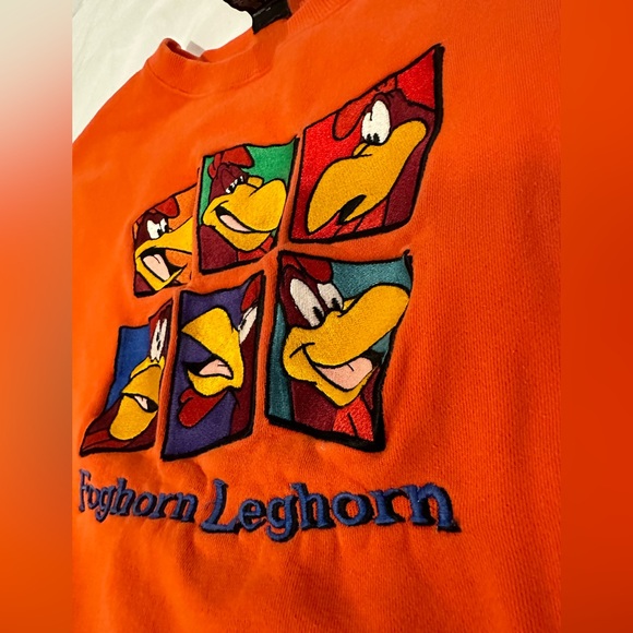Vintage 90's Warner Brothers Foghorn Leghorn Crewneck Sweatshirt Orange XXL - Picture 5 of 8